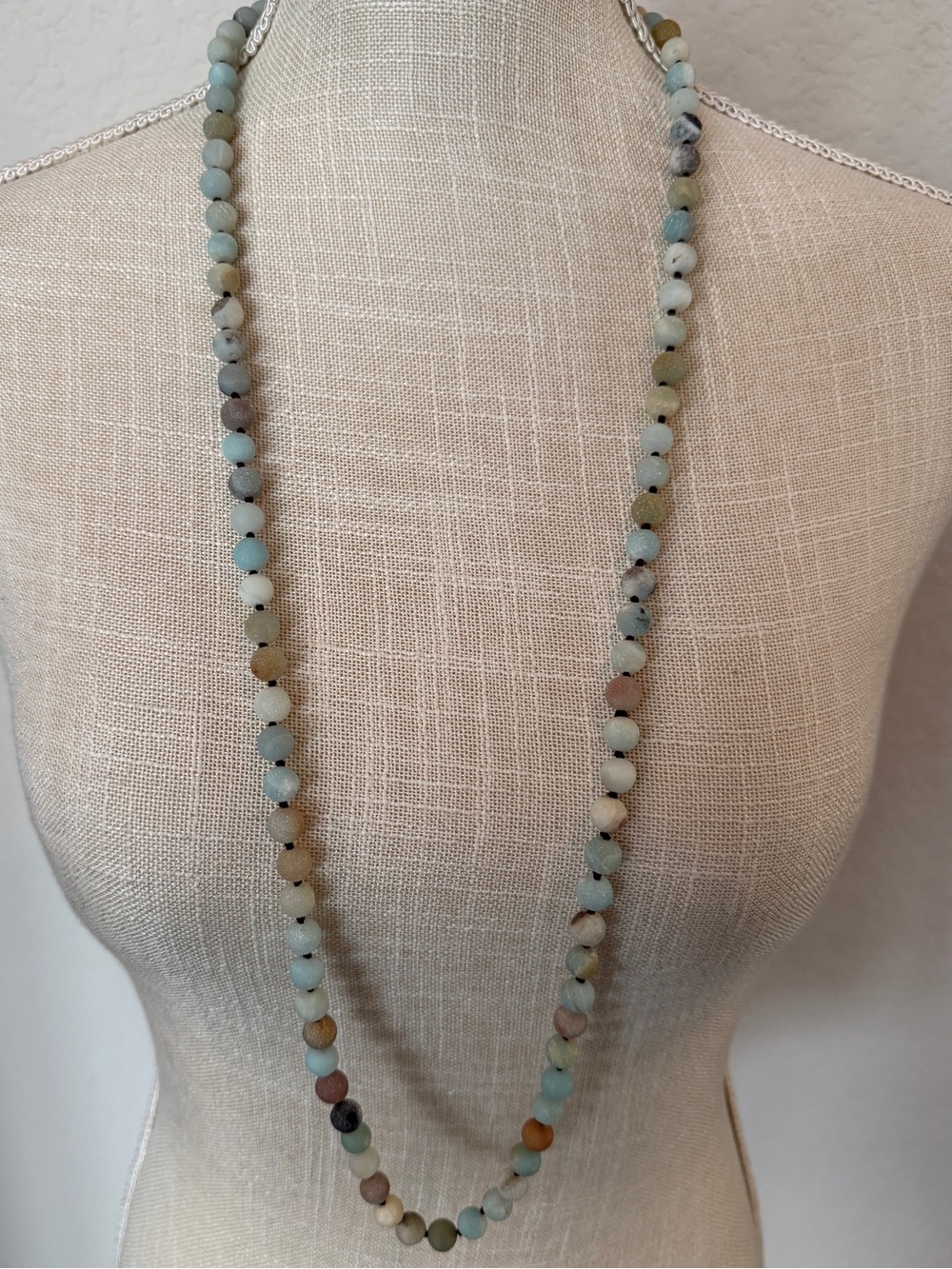 Matte Amazonite Beaded Long Necklace in Multi-Blue-Green Tones